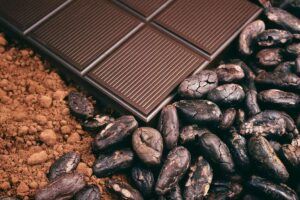 chicchi di cacao e barretta di cioccolato